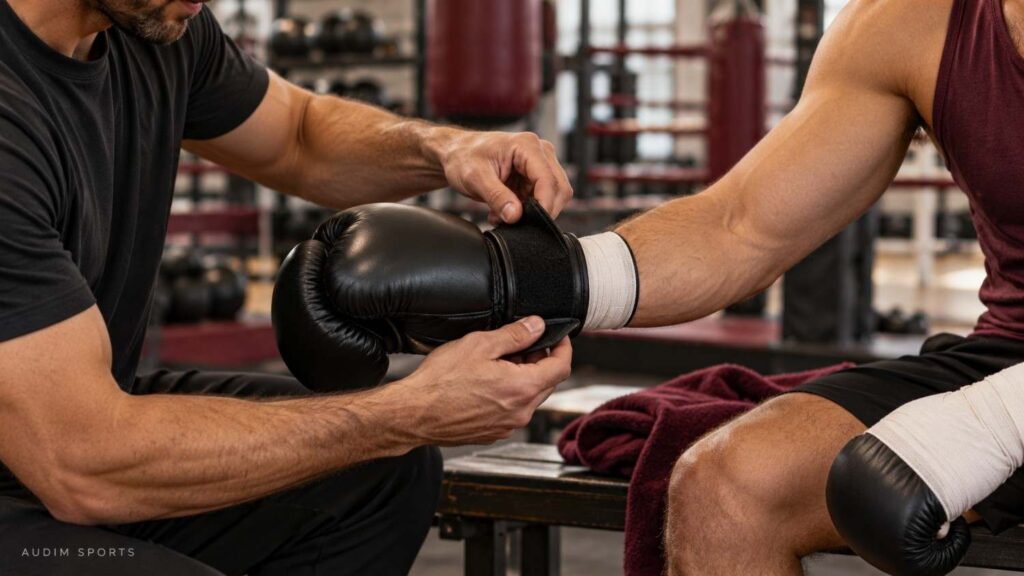 Coach adjusting a boxing glove over hand wraps